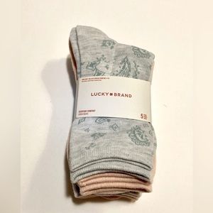 5PR LUCKY 🍀 BRAND SOCKS CREW LENGTH ASSORTED COLORS LUCKBRAND LOGO. SIZE 4-10